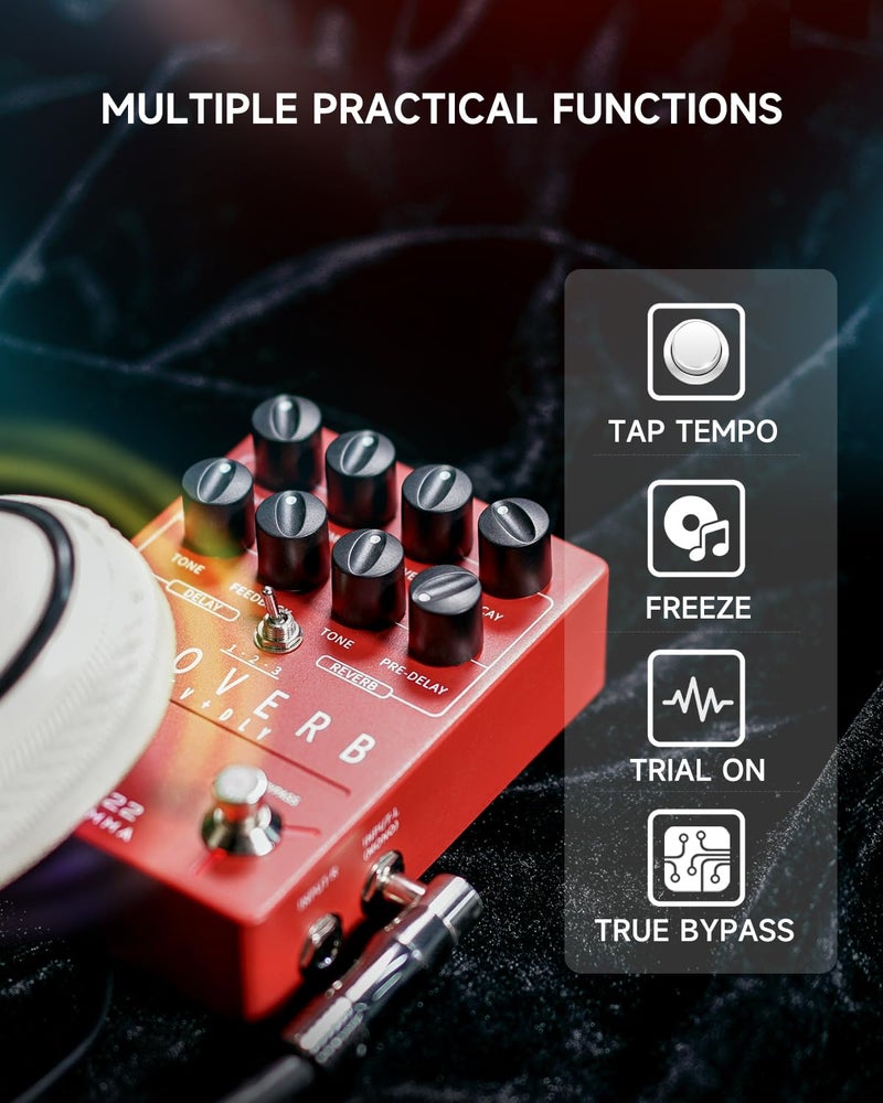 FLAMMA FS22 Stereo Delay & Reverb Combo Effects Pedal Ambient Guitar Pedal with 3 Pairs Combo Effects Reverse Delay Shimmer Reverb Tap Tempo Freeze Trail On Function - Image 4